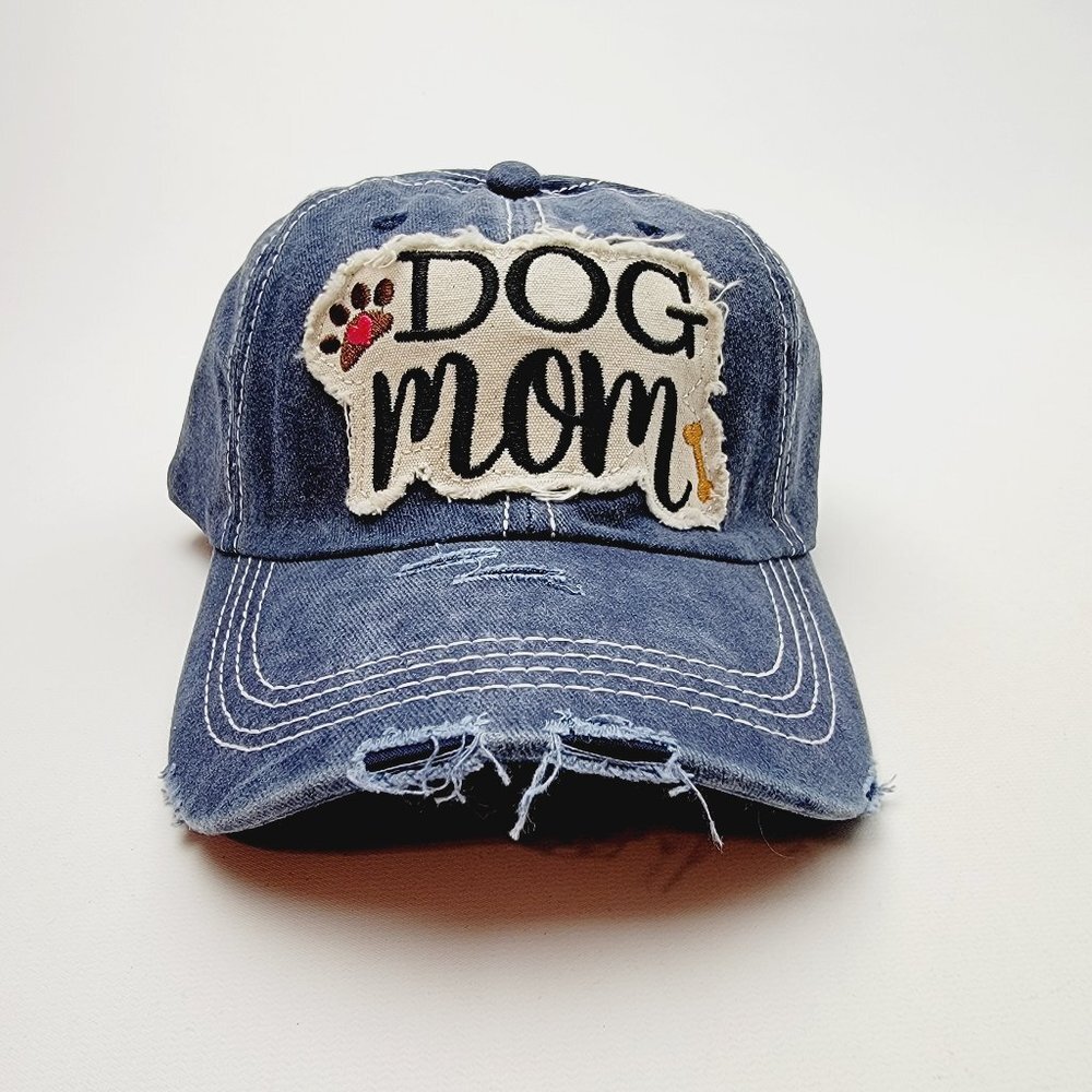 Dog Mom Distressed Relaxed Buckle Strap Full Cover Baseball Hat Cap Dark Blue
